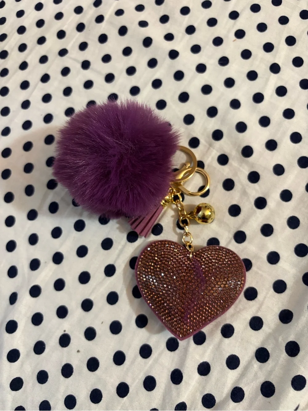 Unbranded Purple Heart Pom Pom Keychain with Rhinestone Heart